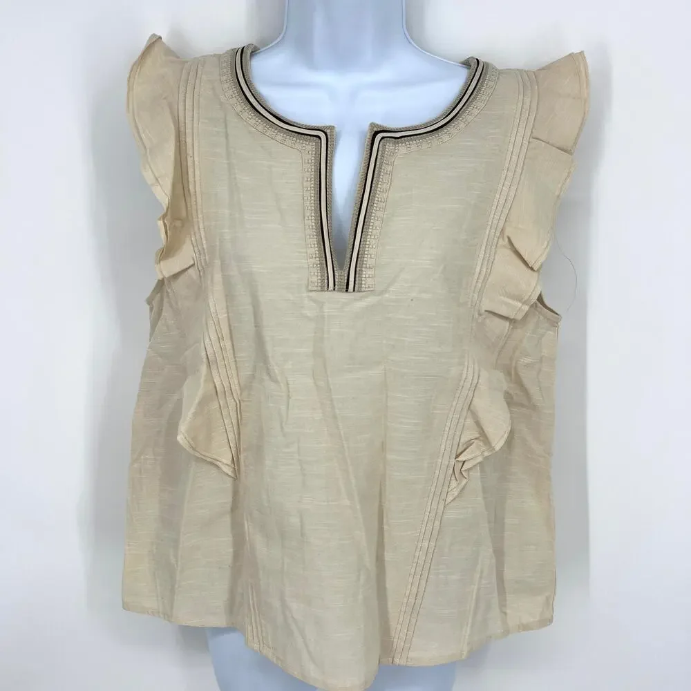 FRYE Ruffle Sleeveless Top Split V Neck Size M Oatmeal
